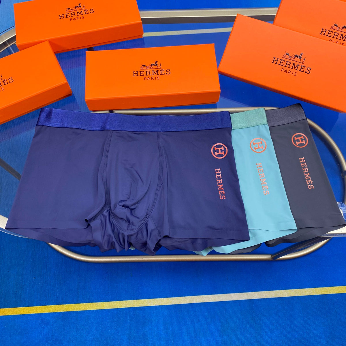 Hermès Boxed Teal Burgundy Waist Text Boxer Briefs, image 9