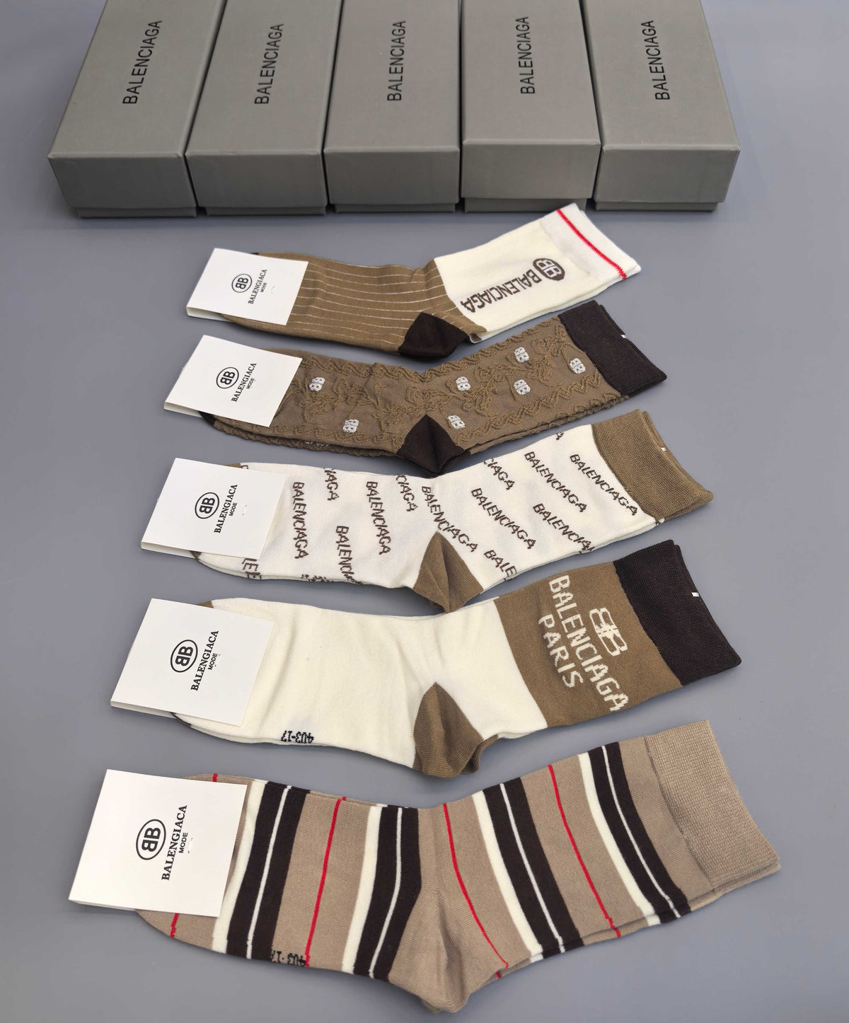 Balenciaga Neutral Beige Mixed Stripe Patterns Crew Socks, image 6