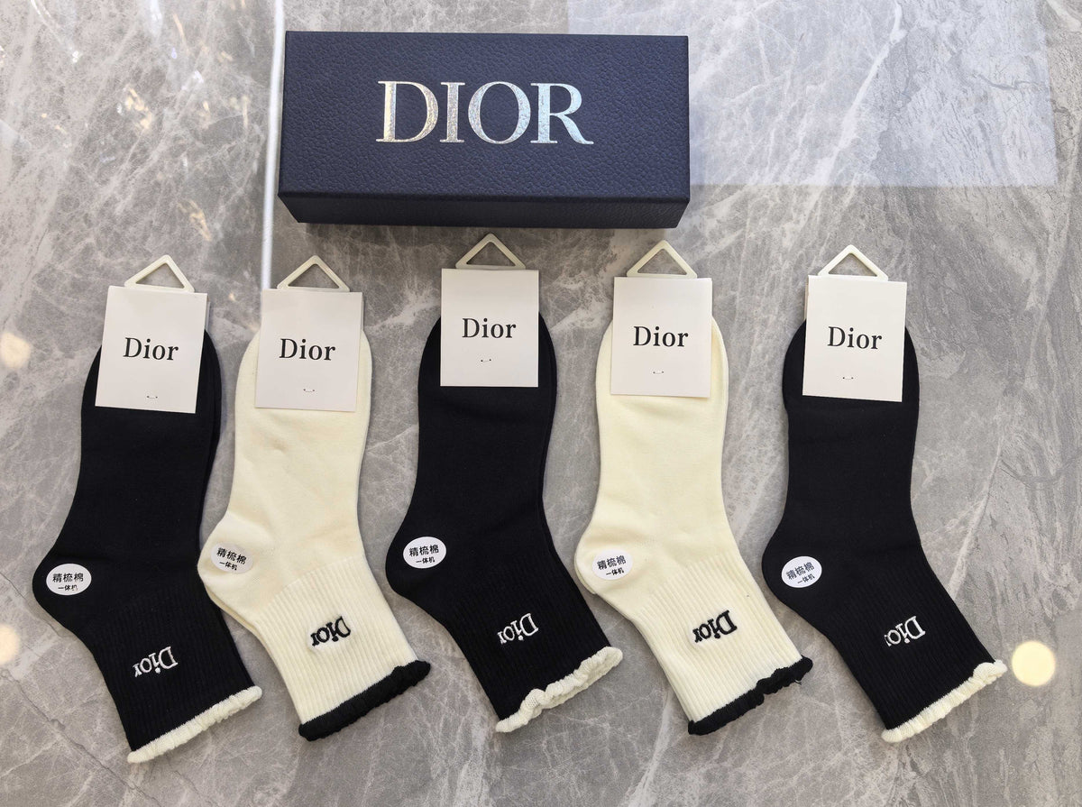 Dior Black Cream Large Flower Detail Crew Socks, image 6