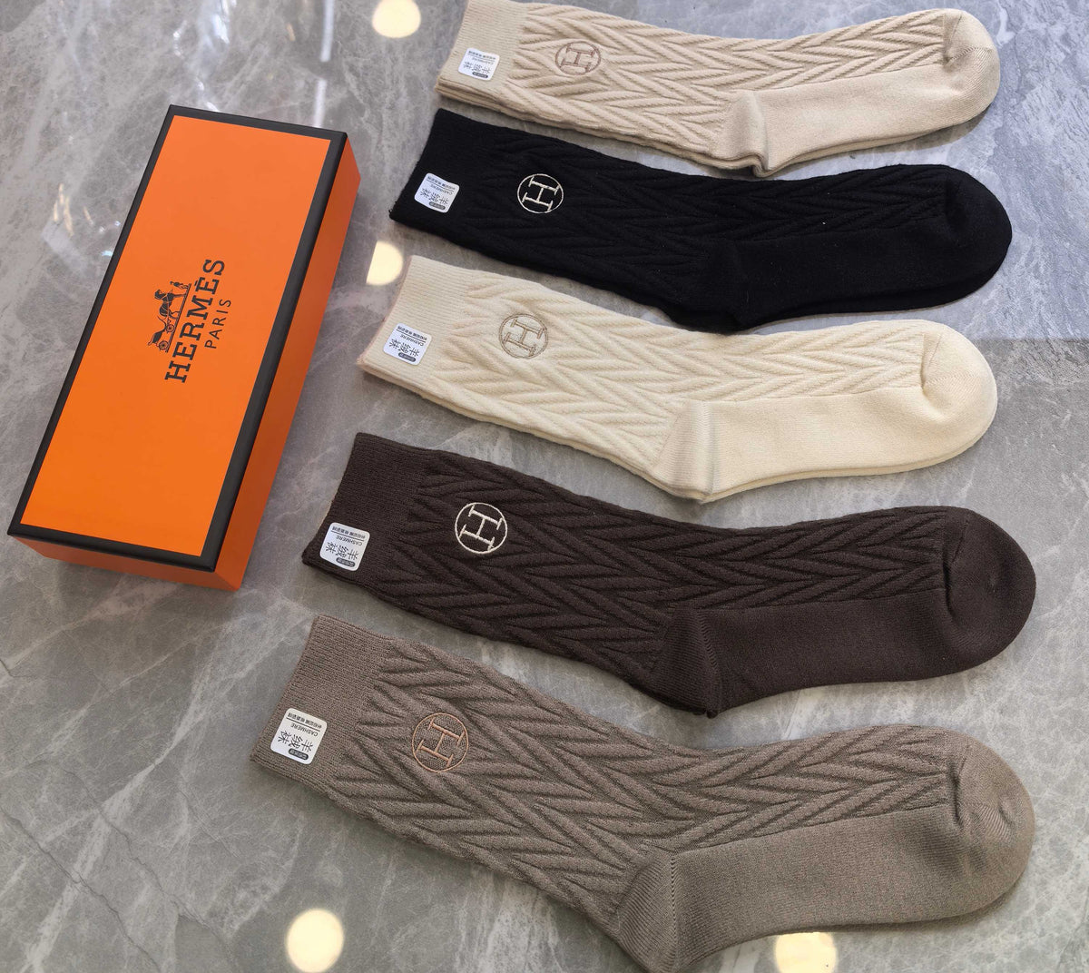 Hermès Neutral Small Circular H Crew Socks, image 6