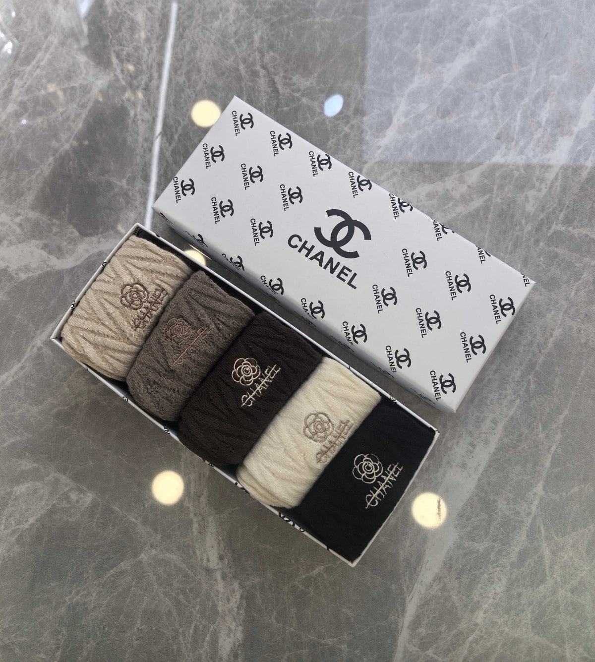 CHANEL Square Motif Neutral Ribbed Socks, gallery image 6