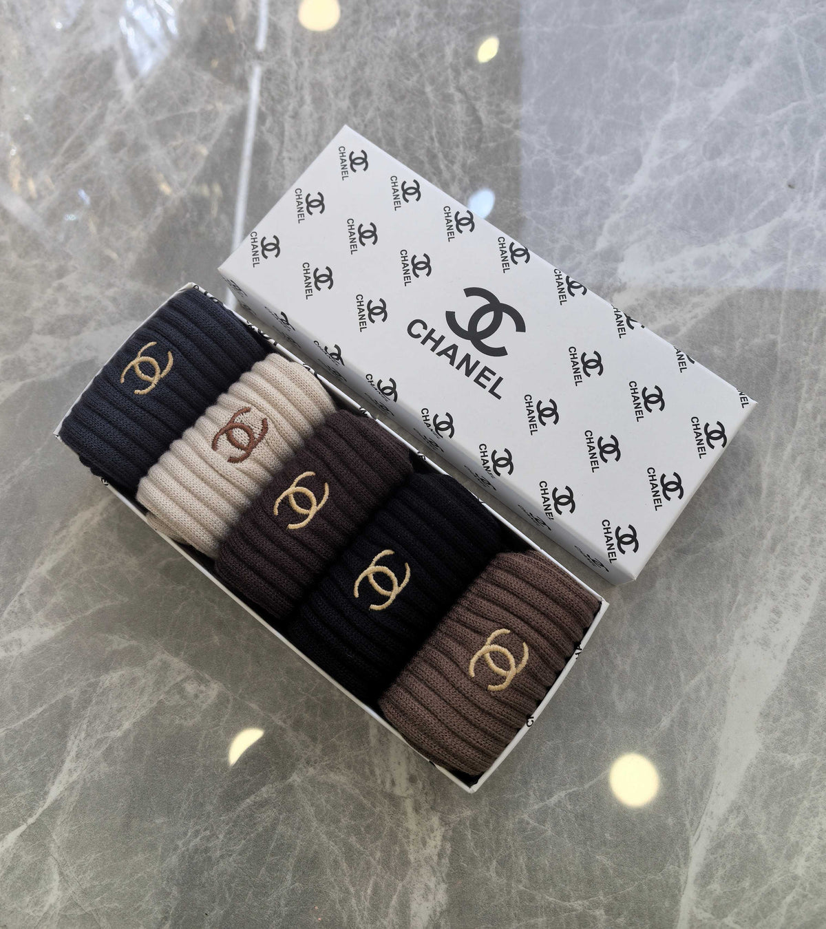 CHANEL Wide Letter-Band Earth-Tone Socks, gallery image 6