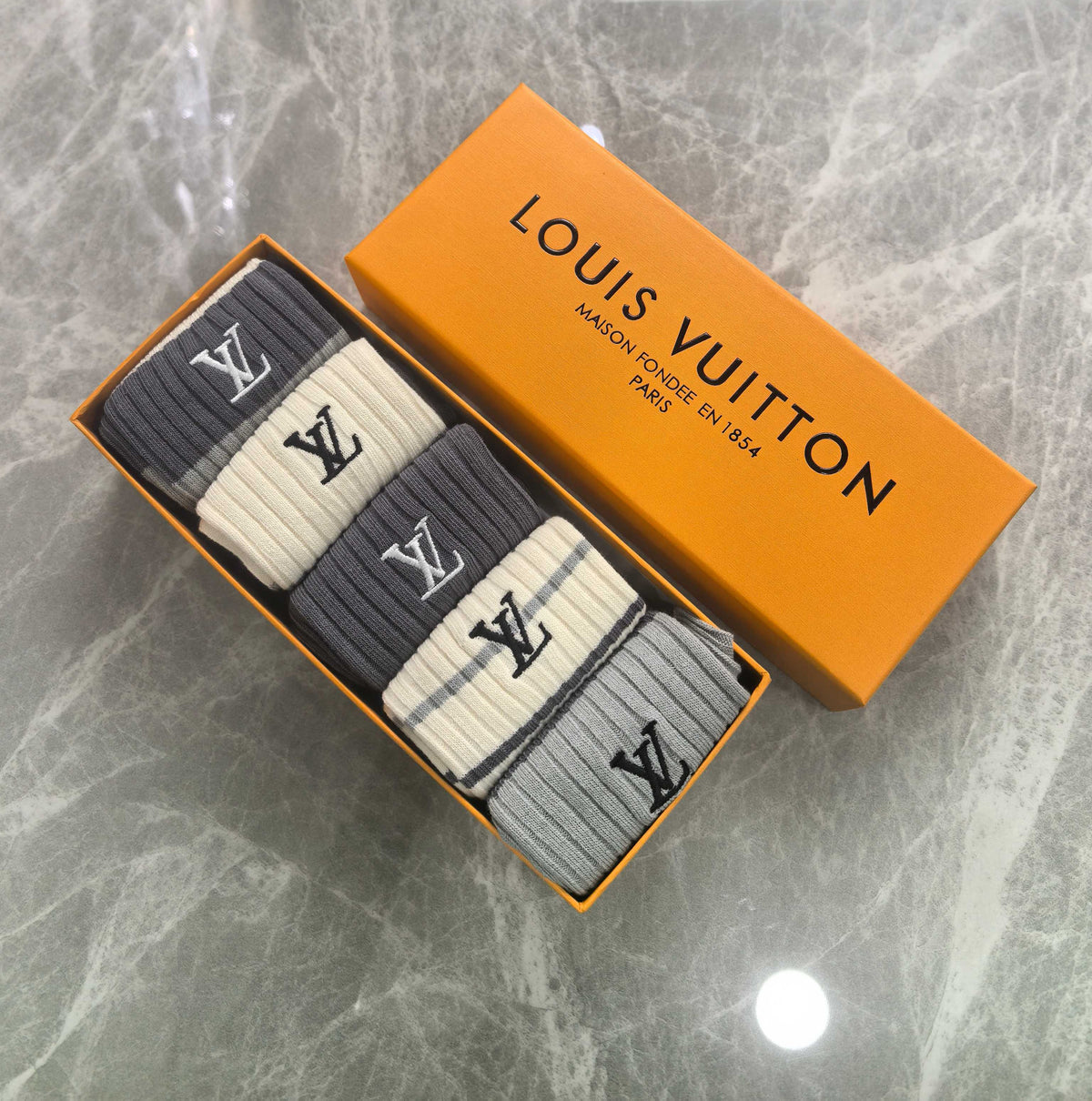 Louis Vuitton Grey Cream Black Tall Block Patterns Crew Socks, image 9