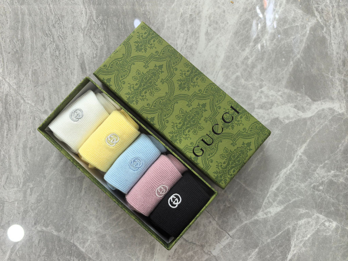 Gucci Pink Yellow White Grey Ribbed Mix Crew Socks, image 6