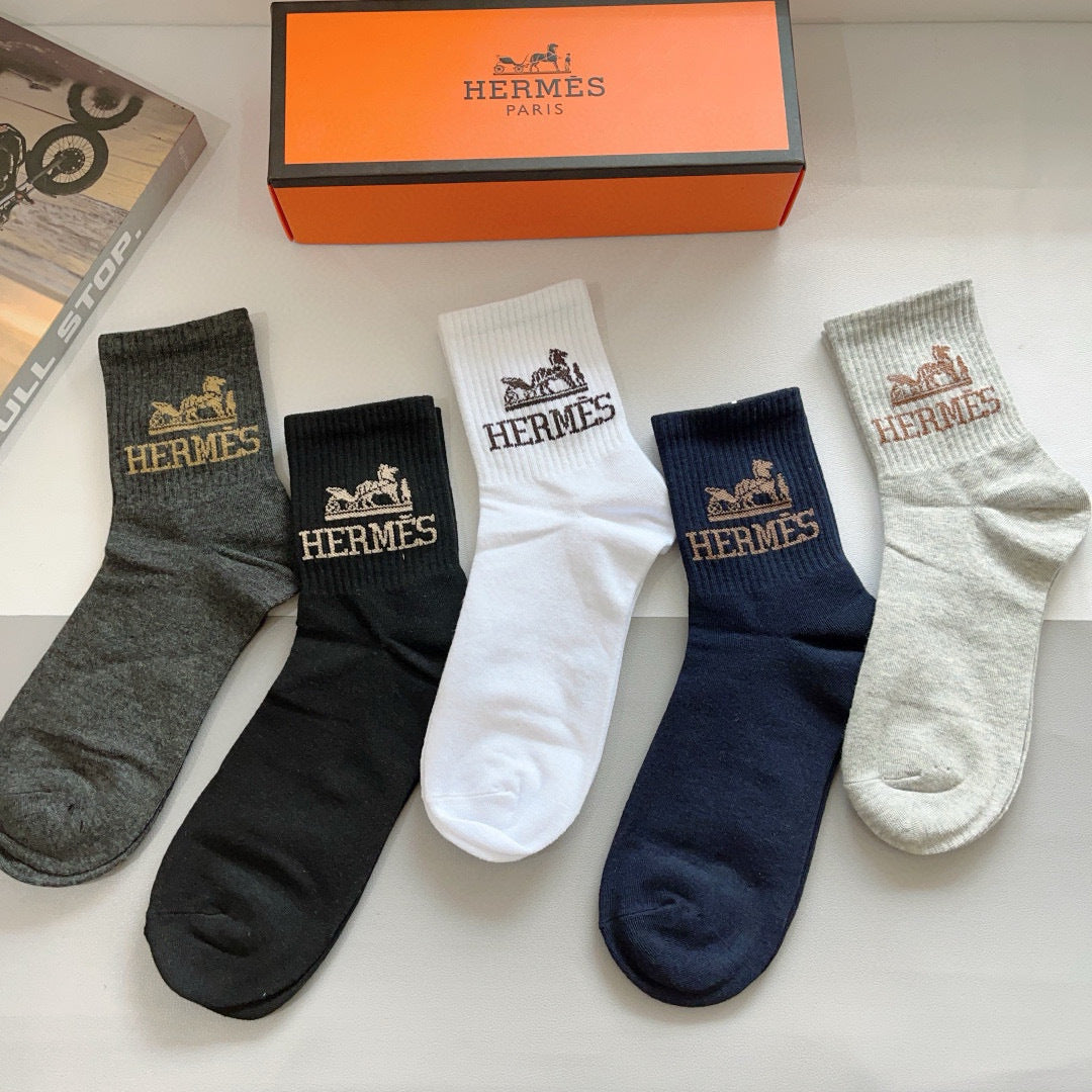 Hermès Black White Grey Mixed Brand Lettering Crew Socks, image 9