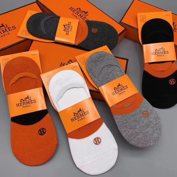 Hermès Orange White Grey Packaged Lettering No-Show Socks, image 9