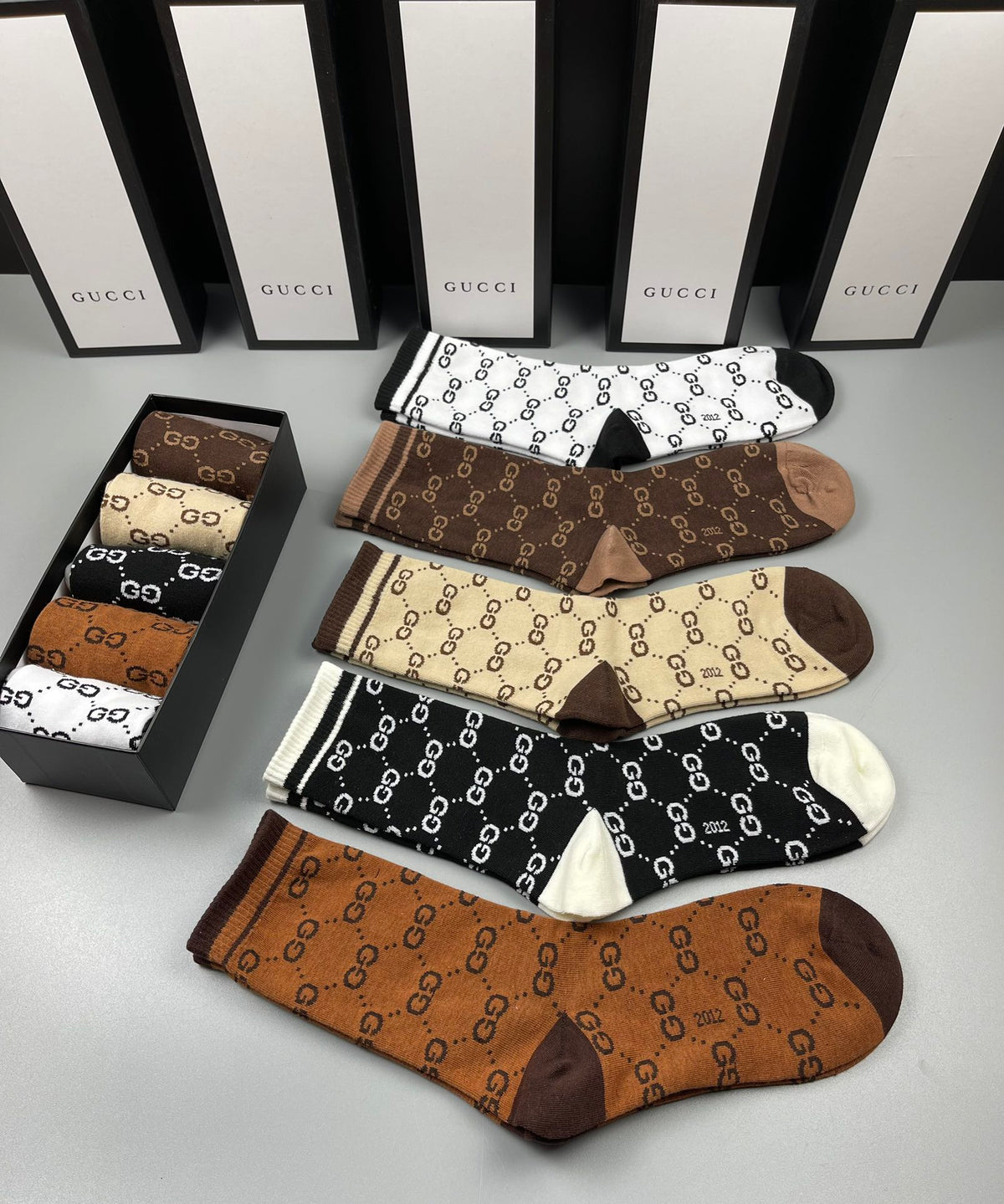 Gucci Neutral Brown Checker Pattern Crew Socks, image 9