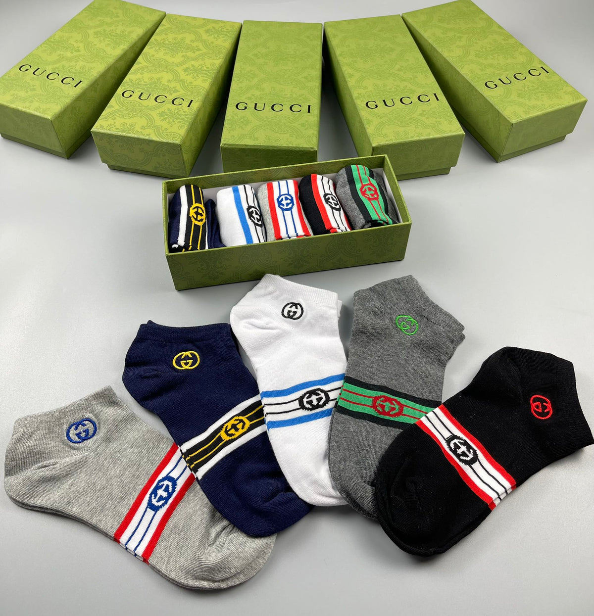 Gucci Navy White Grey Fine Stripe Ankle Socks, image 9
