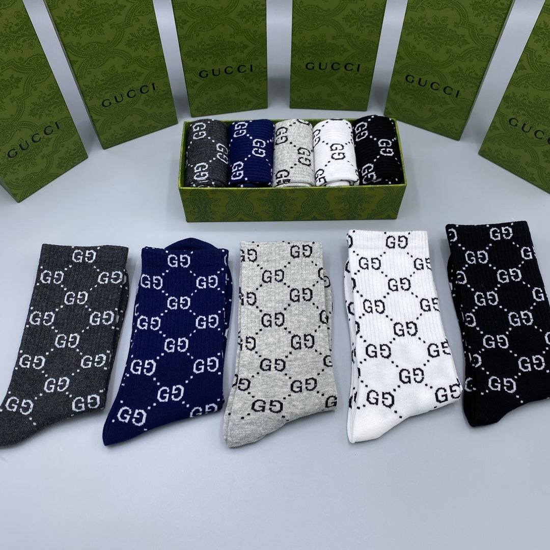 Gucci Blue Grey Black Repeating Letters Crew Socks, image 9