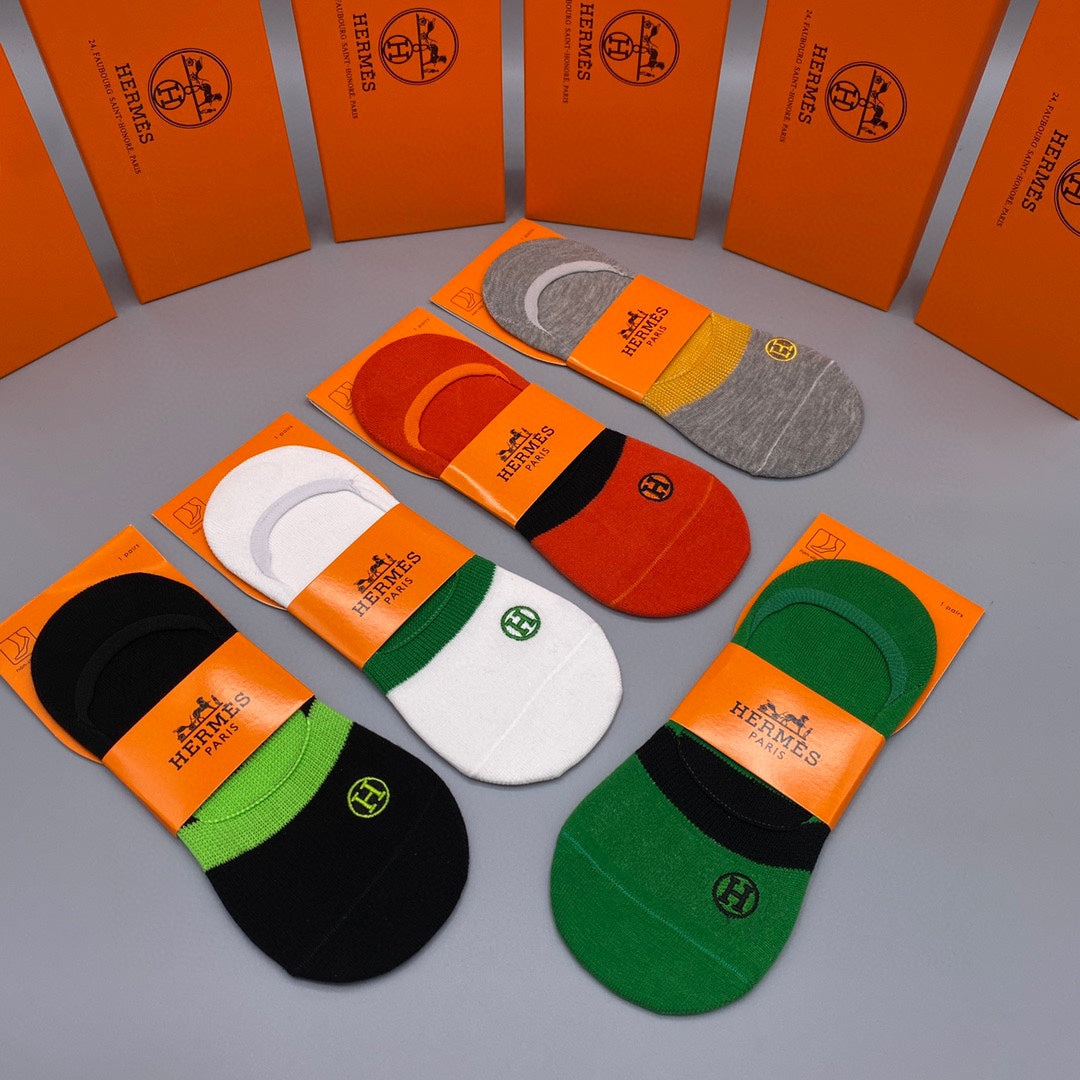 Hermès Bright Green Red Orange Footbed Bands No-Show Socks, image 9