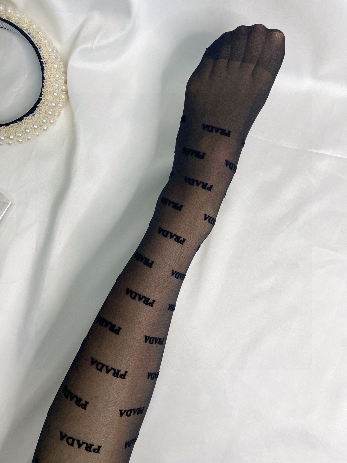 Prada Black Sheer Repeating Wordmarks Patterned Tights, image 7
