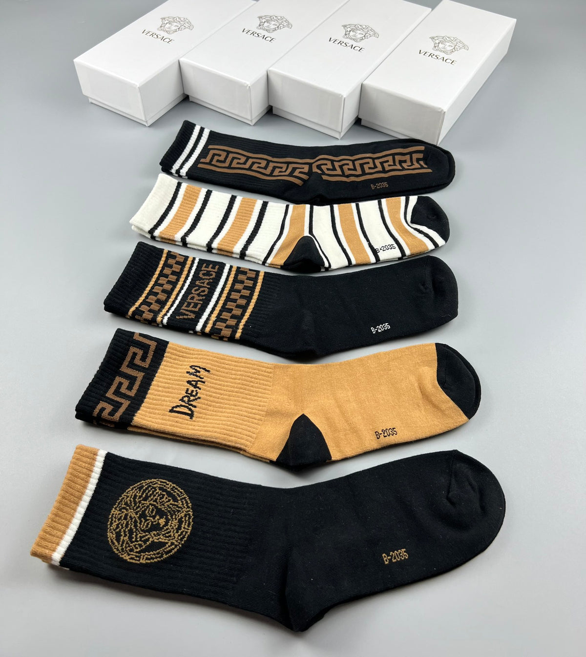 Versace Black White Grey Gold Side Bands Crew Socks, image 9