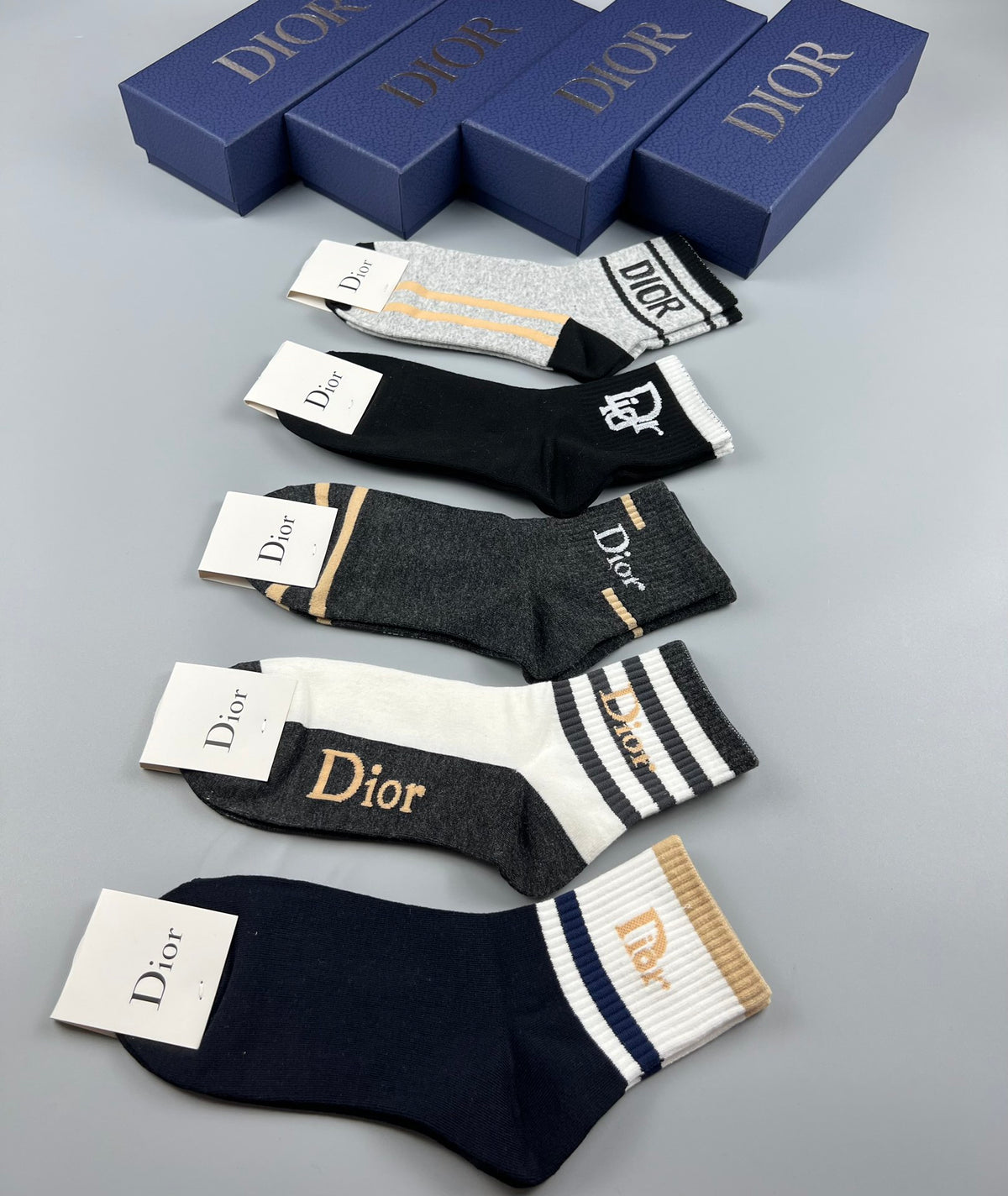 Dior Neutral Black White Mixed Graphic Stripes Crew Socks, image 9