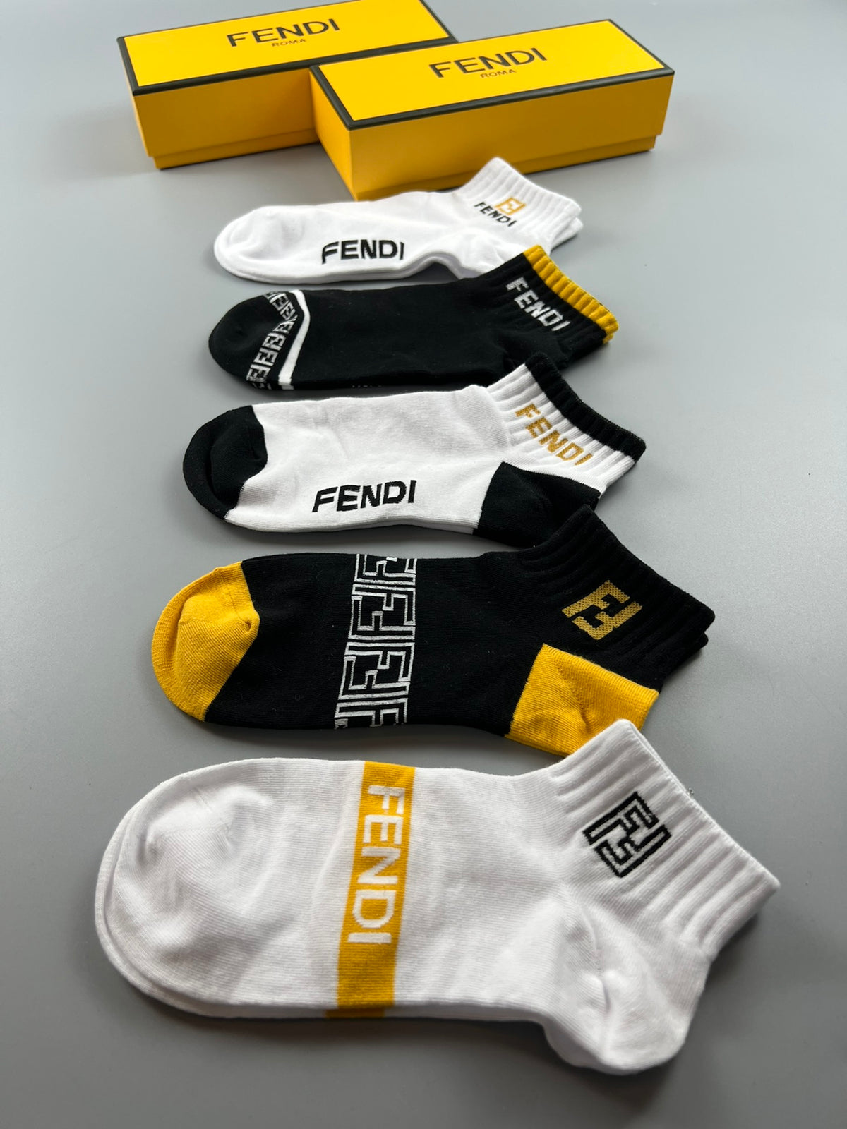 Fendi Black White Grey Gold Stripe Detail Ankle Socks, image 9