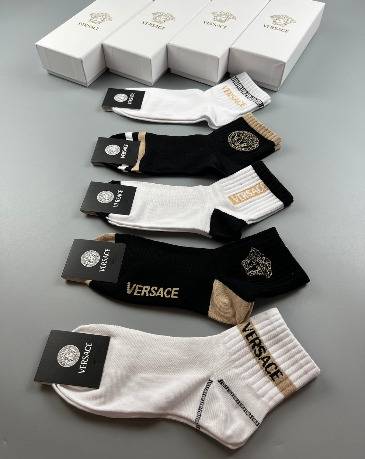 Versace Black White Grey Ornamental Cuffs Crew Socks, image 9