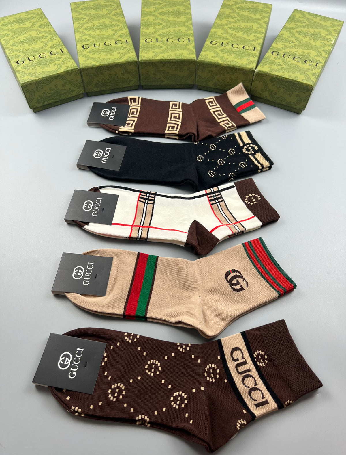 Gucci Brown Black Cream Checker Detail Crew Socks, image 9