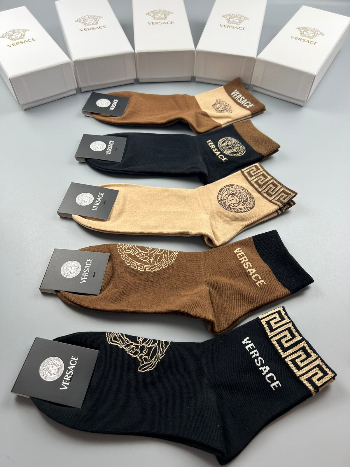 Versace Earthy Gold Key Large Medallions Crew Socks, image 9