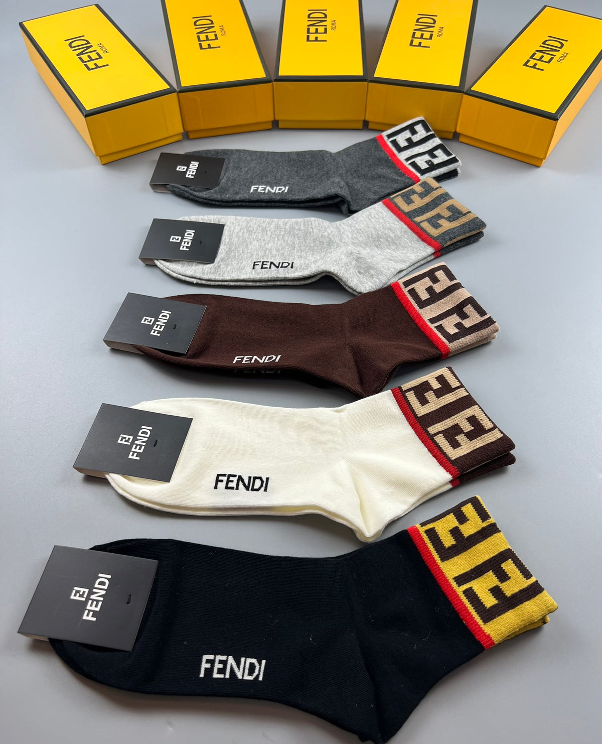 Fendi Grey Brown Black Small Hem Letters Crew Socks, image 9