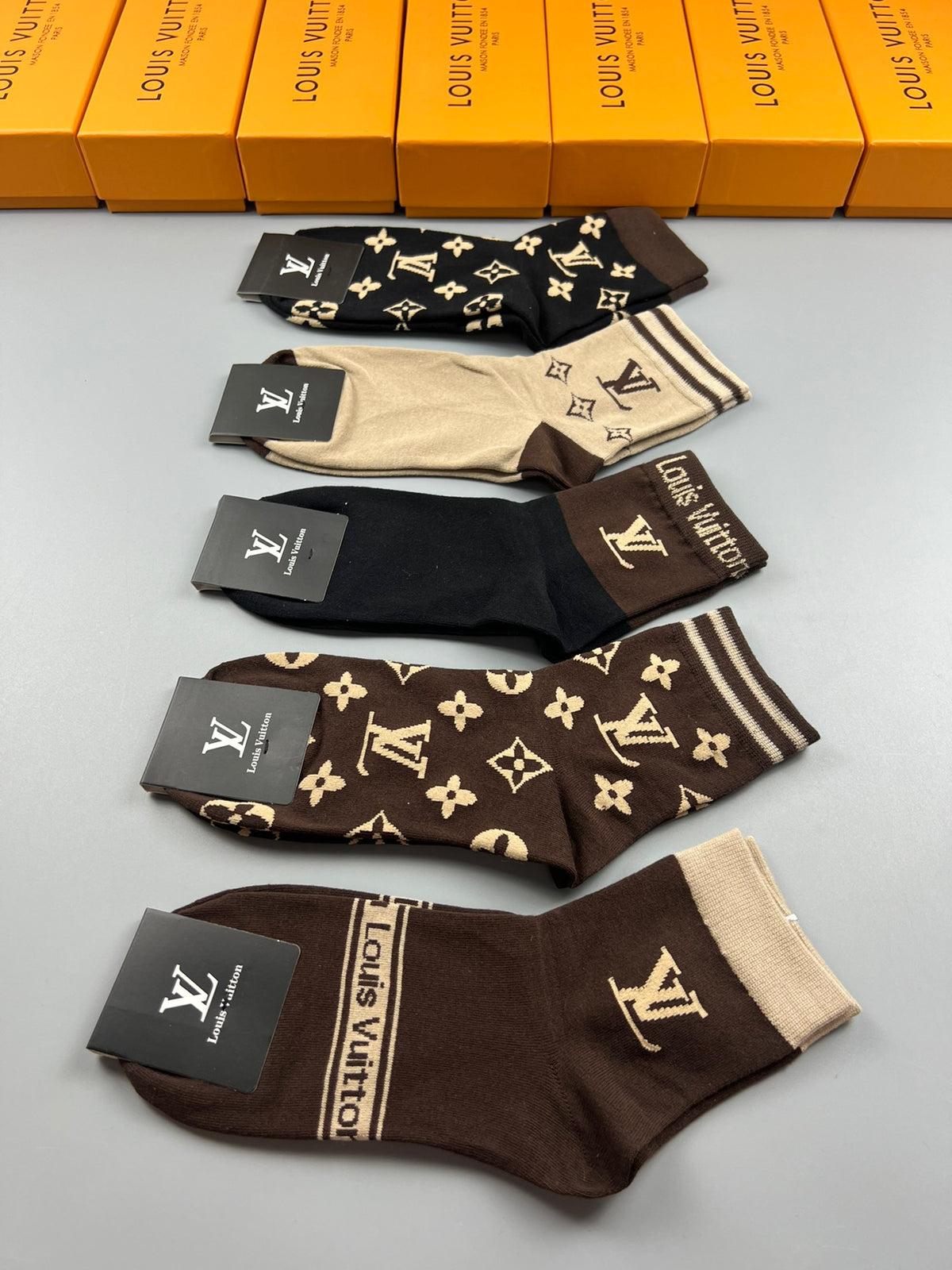 Louis Vuitton Brown Black Cream Allover Monogram Crew Socks, image 9