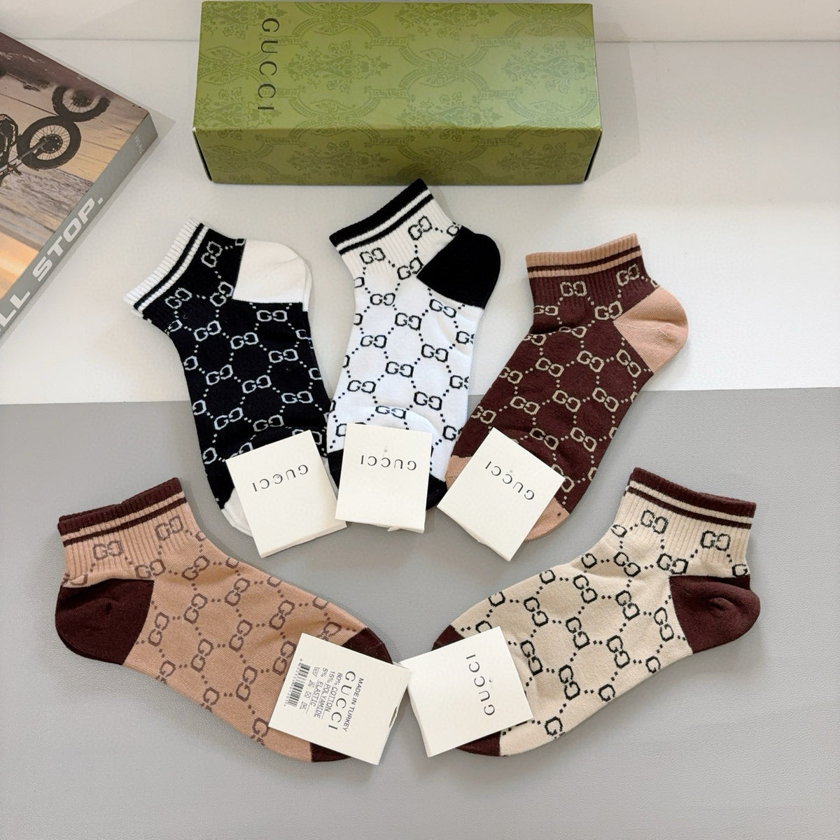 Gucci Brown Black White Repeating Letter Pattern Crew Socks, image 9