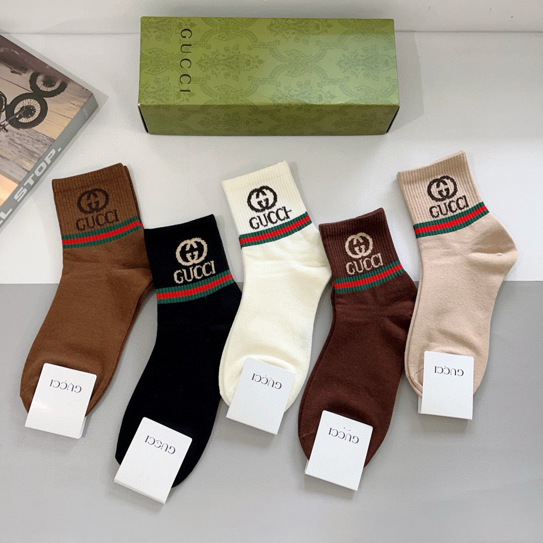 Gucci Earthy Red Green Double Letter Bands Crew Socks, image 9