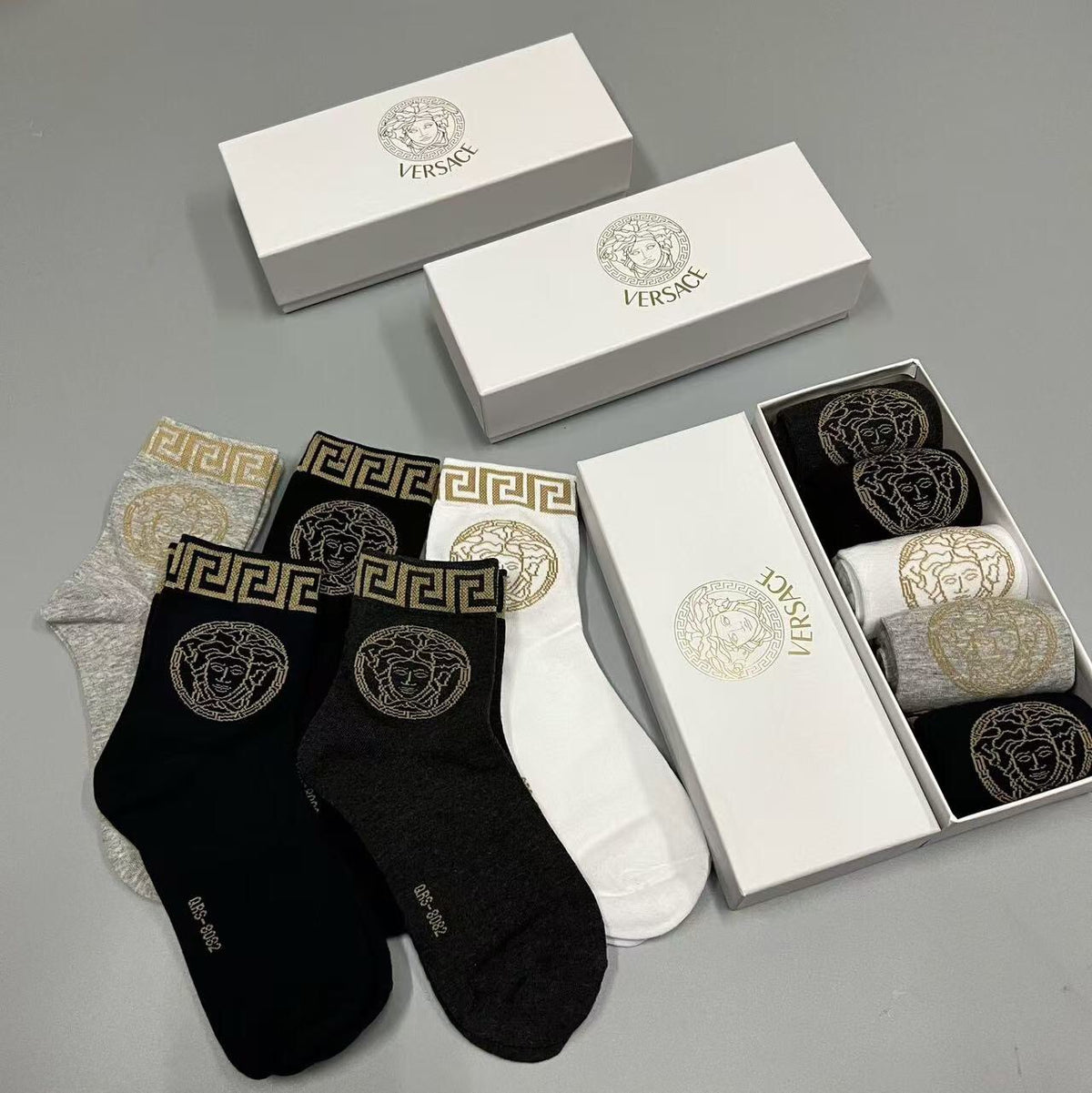 Versace Black White Cream Gold Key Cuffs Crew Socks, image 7
