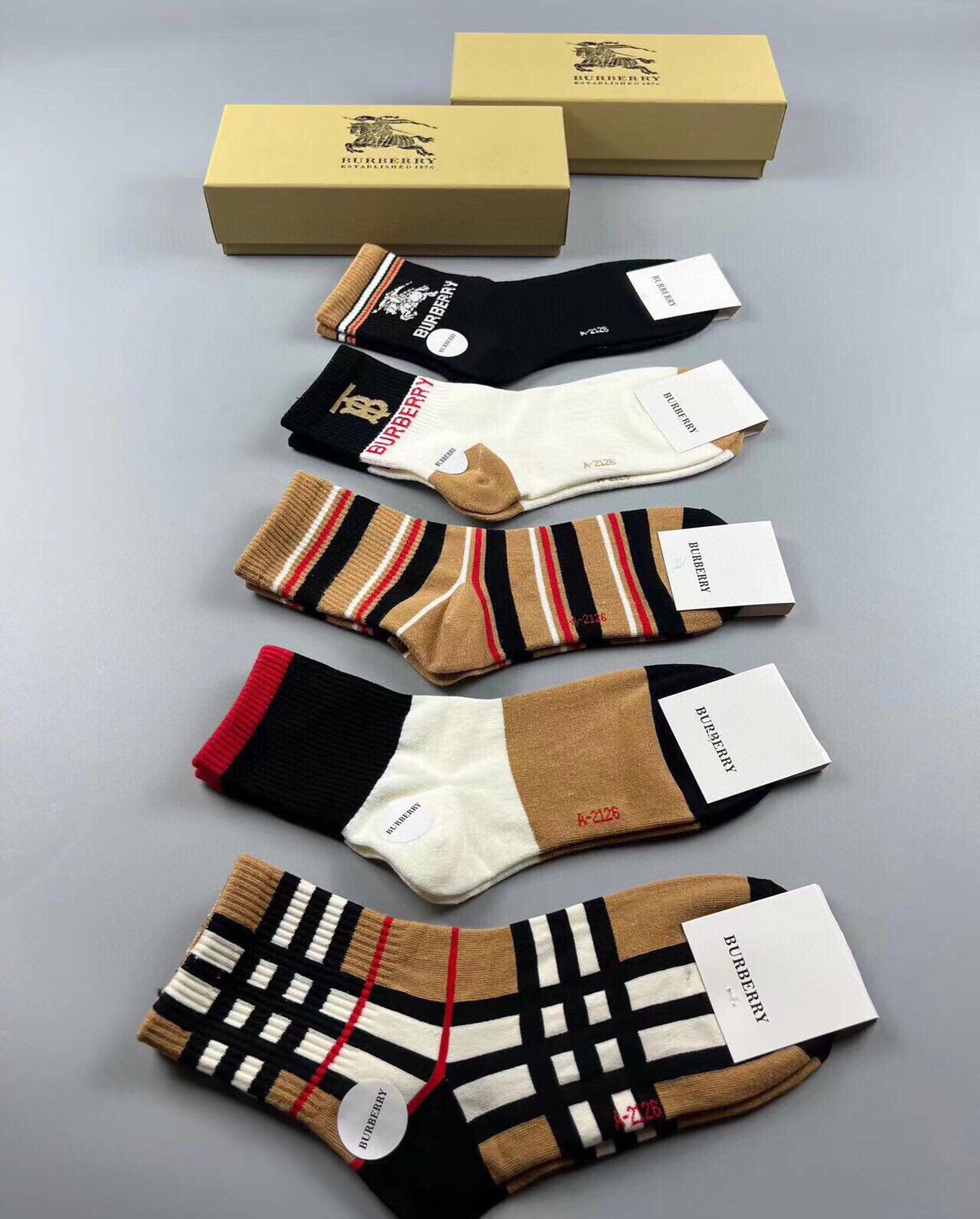Burberry Neutral Cream Black Check Pattern Crew Socks, image 9