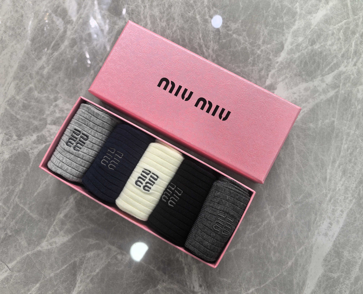 Miu Miu Cotton Mixed Neutral Logo Detail Crew Socks - 5-Pair Set