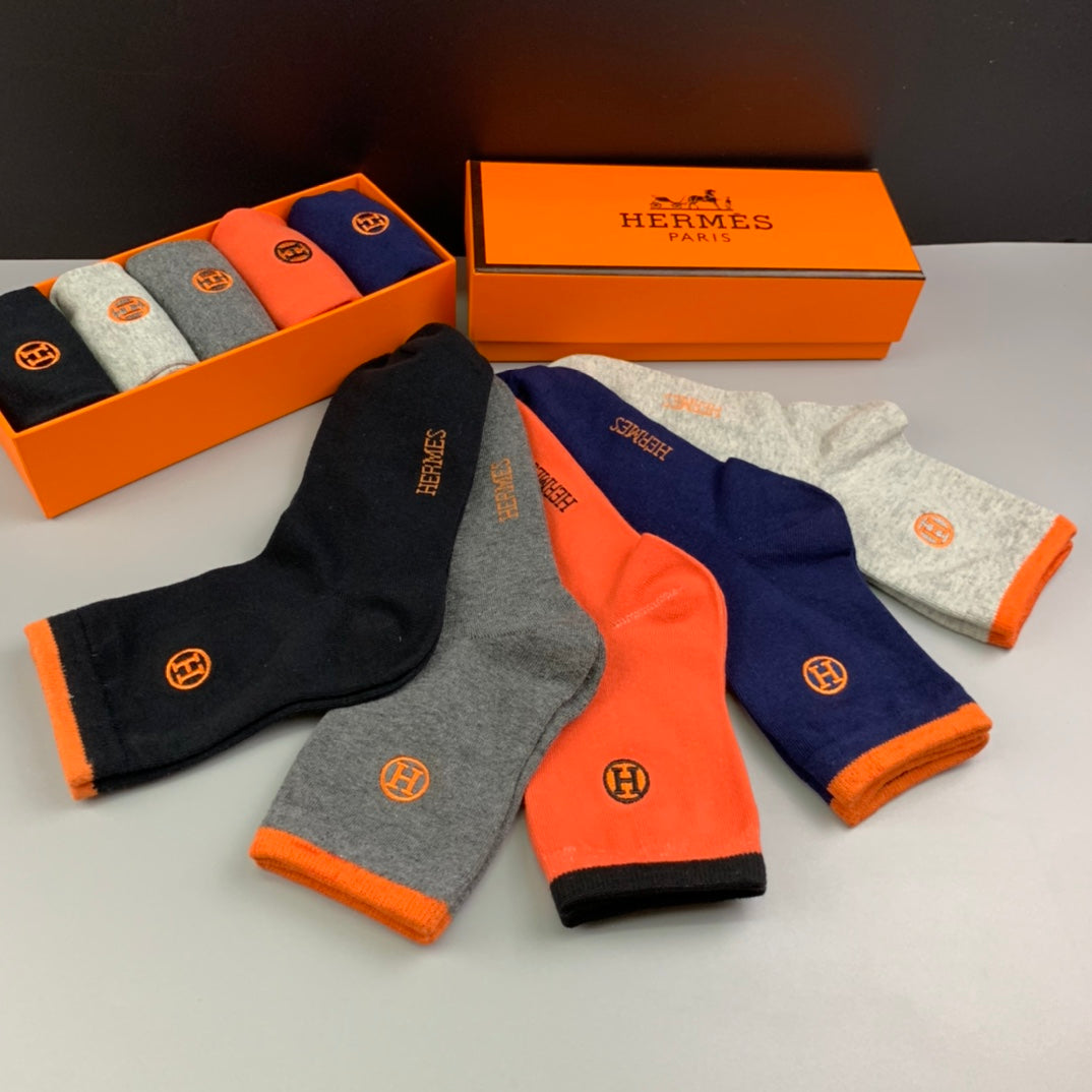 Hermes Cotton Understated Emblem Details Crew Socks - 5-Pair Set