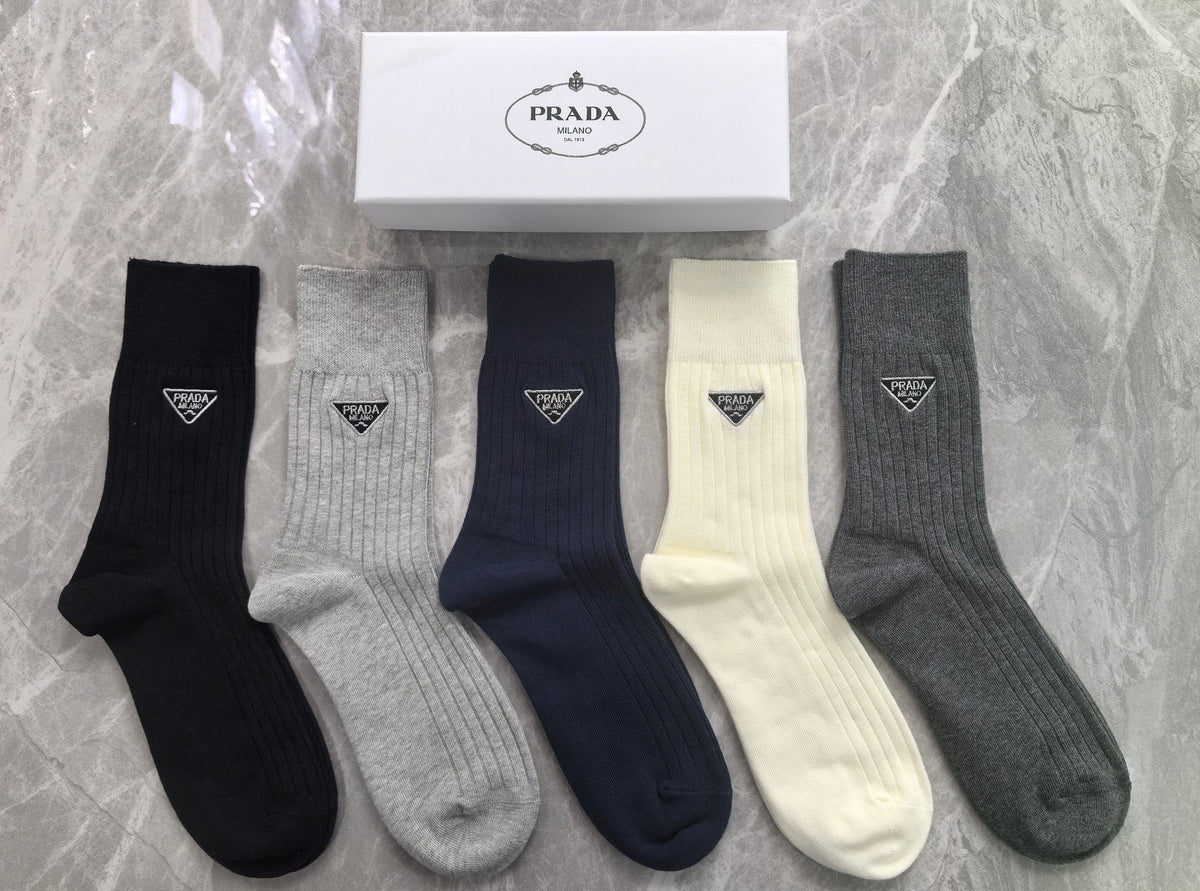 Prada Cotton Mixed Neutral Logo Detail Crew Socks - 5-Pair Set