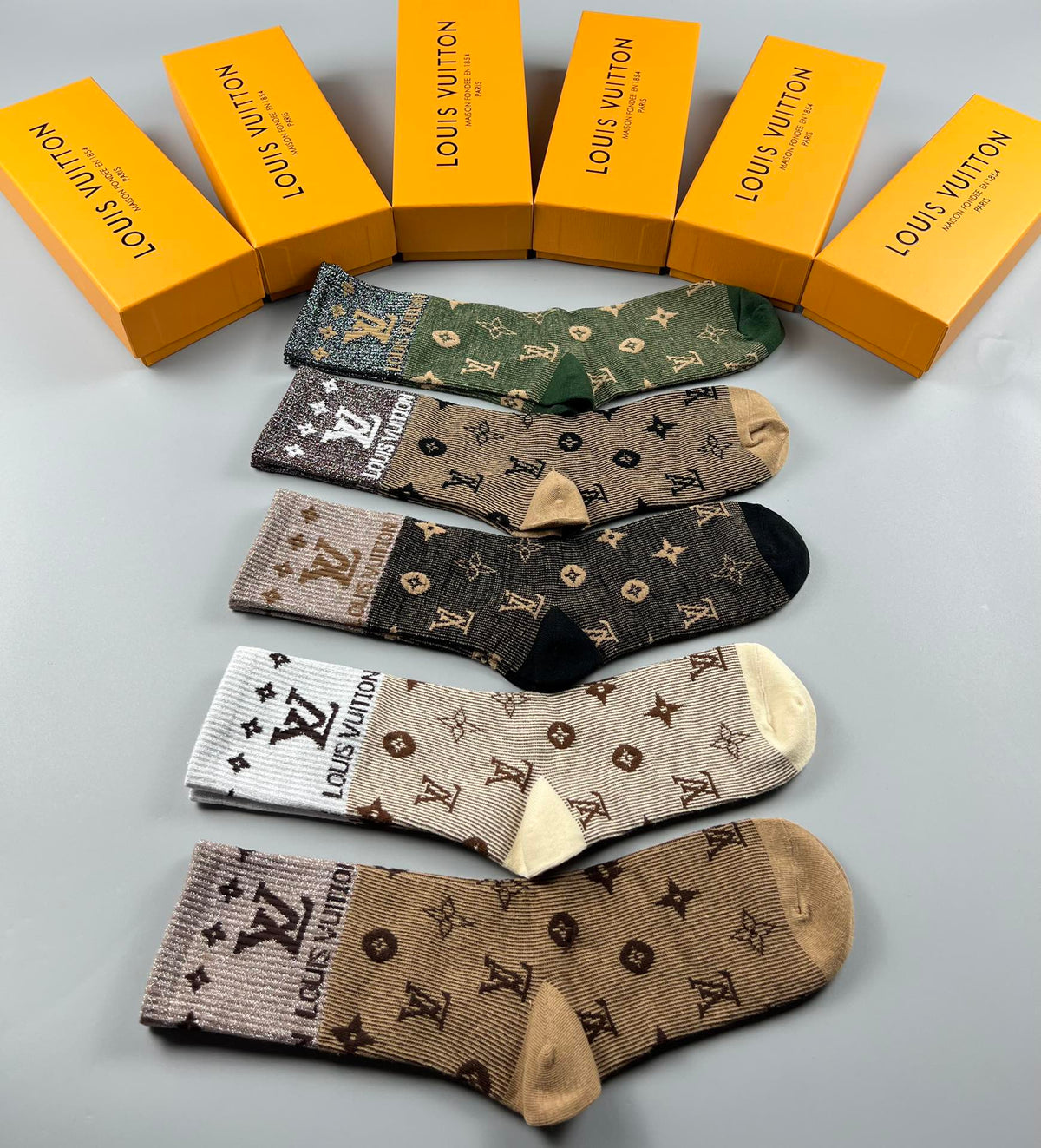 Louis Vuitton Cotton Varied Monogram-Style Motifs Crew Socks - 5-Pair Set