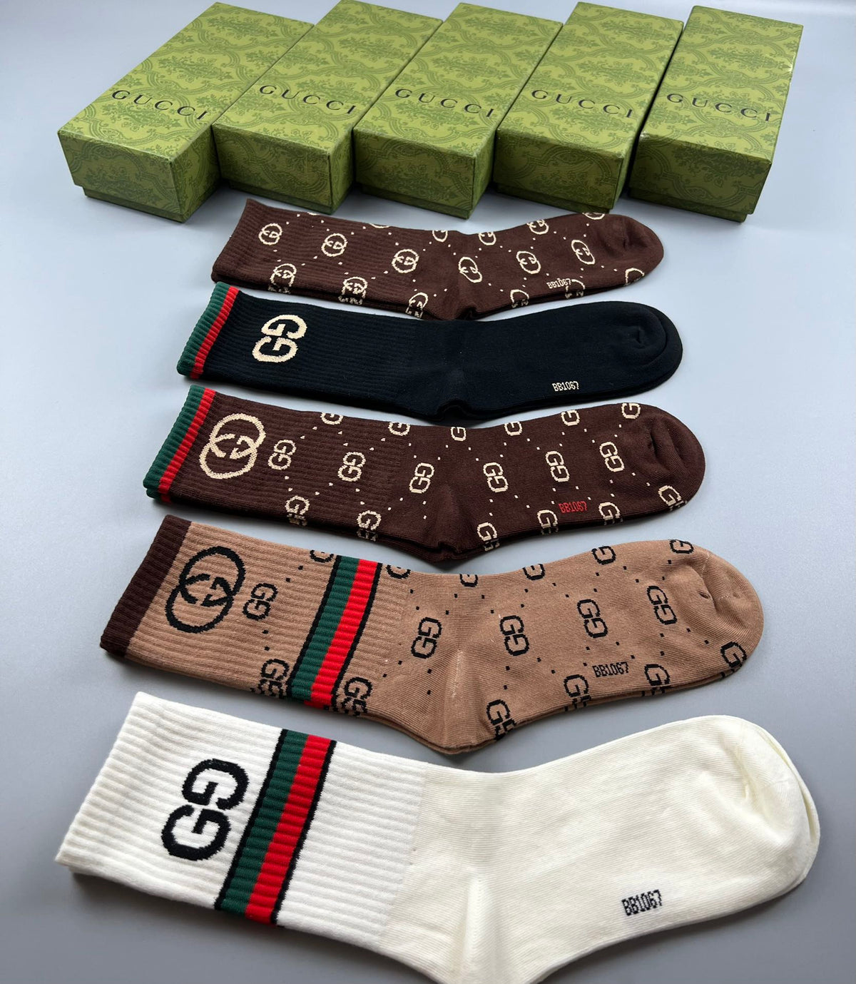 Gucci Cotton Linked Motifs And Stripe Details Crew Socks - 5-Pair Set