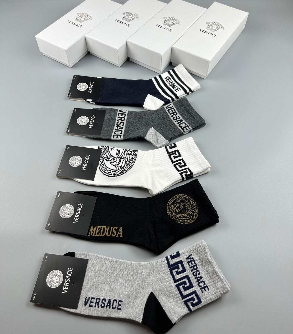 Versace Cotton blend Bold Lettering And Greek-Key Details Ankle Socks - 5-Pair Set