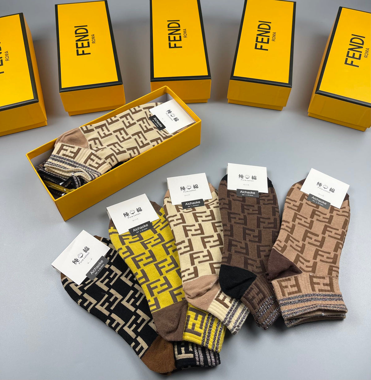 Fendi Contrast FF Monogram Ankle Socks - Box of 5 Pairs