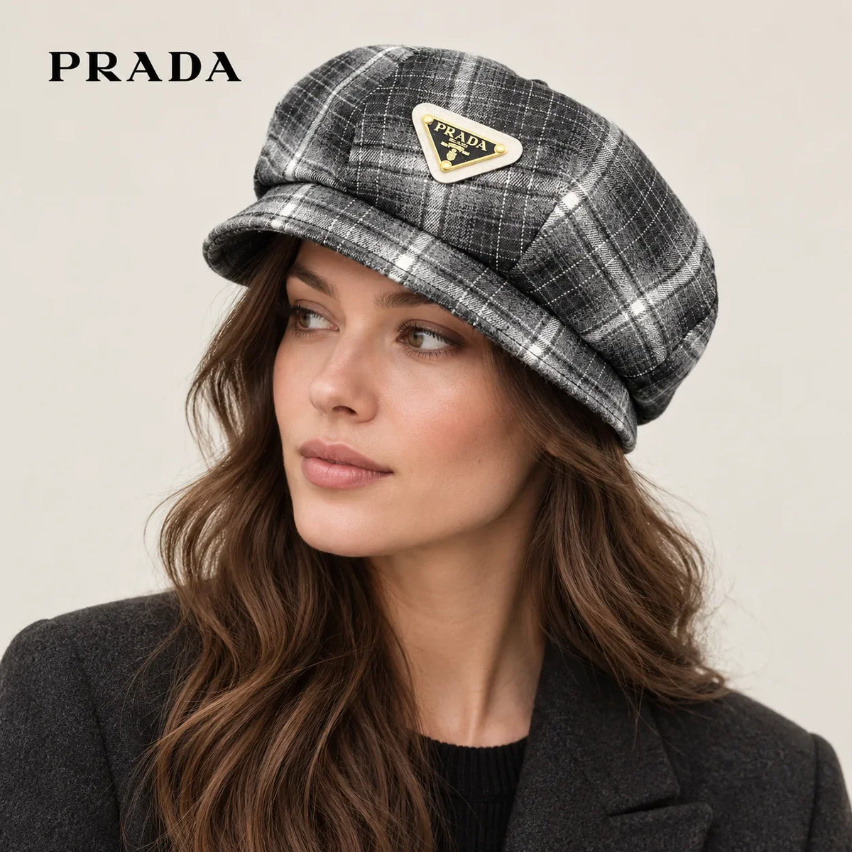 Prada hat worn by a female model, showing the hat shape and detailing.