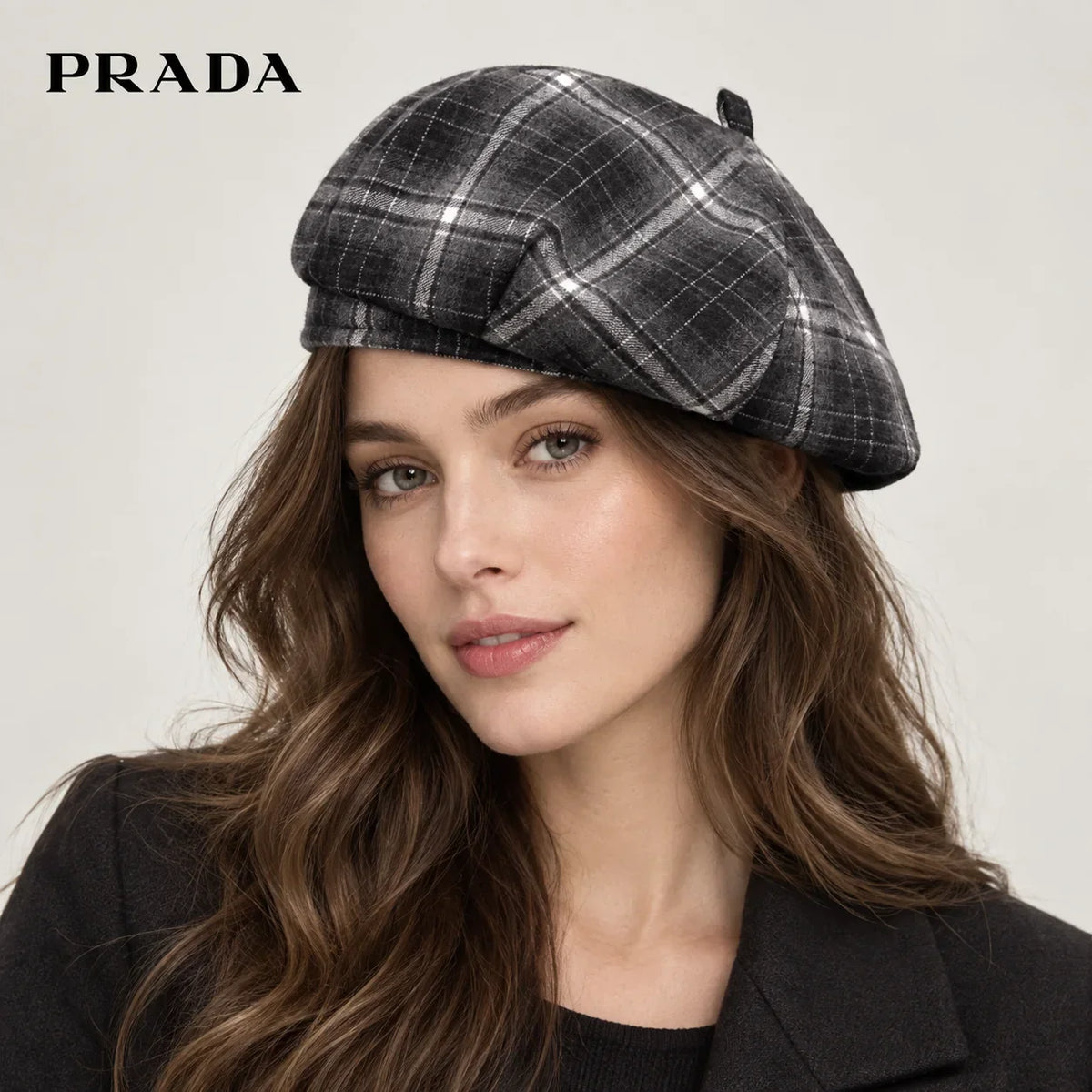 Prada hat worn by a female model, showing the hat shape and detailing.