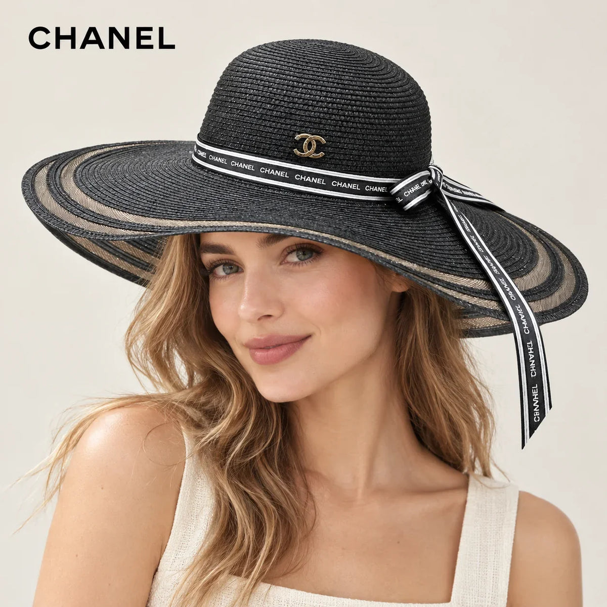 Chanel hat worn by a female model, showing the hat shape and detailing.