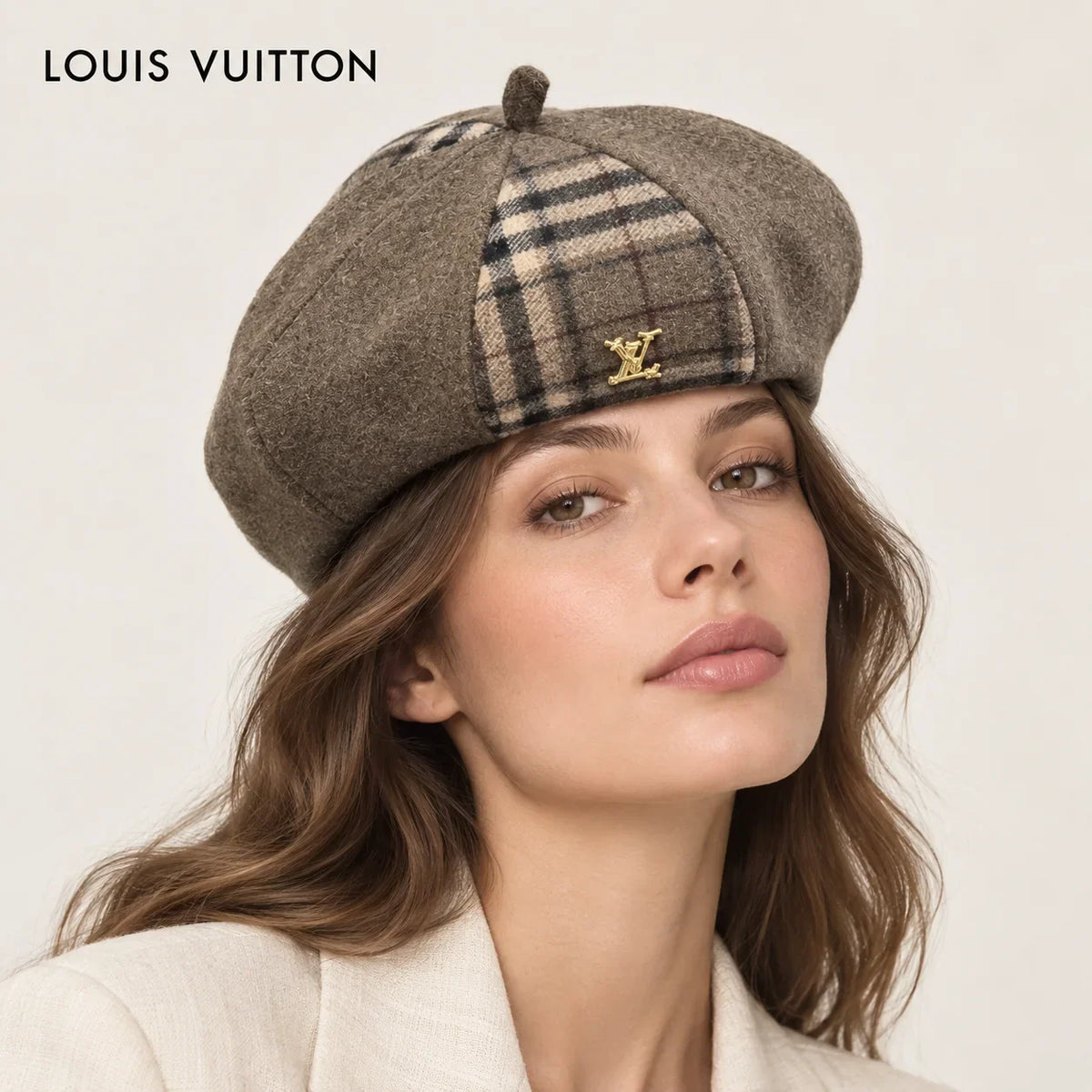 Louis Vuitton hat worn by a female model, showing the hat shape and detailing.
