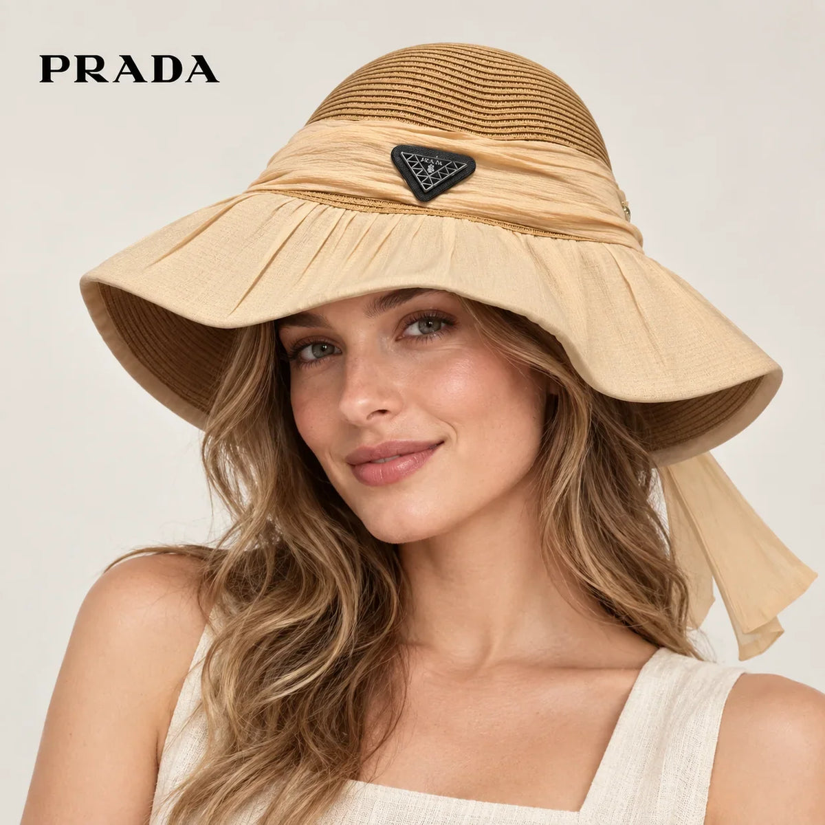 Prada hat worn by a female model, showing the hat shape and detailing.