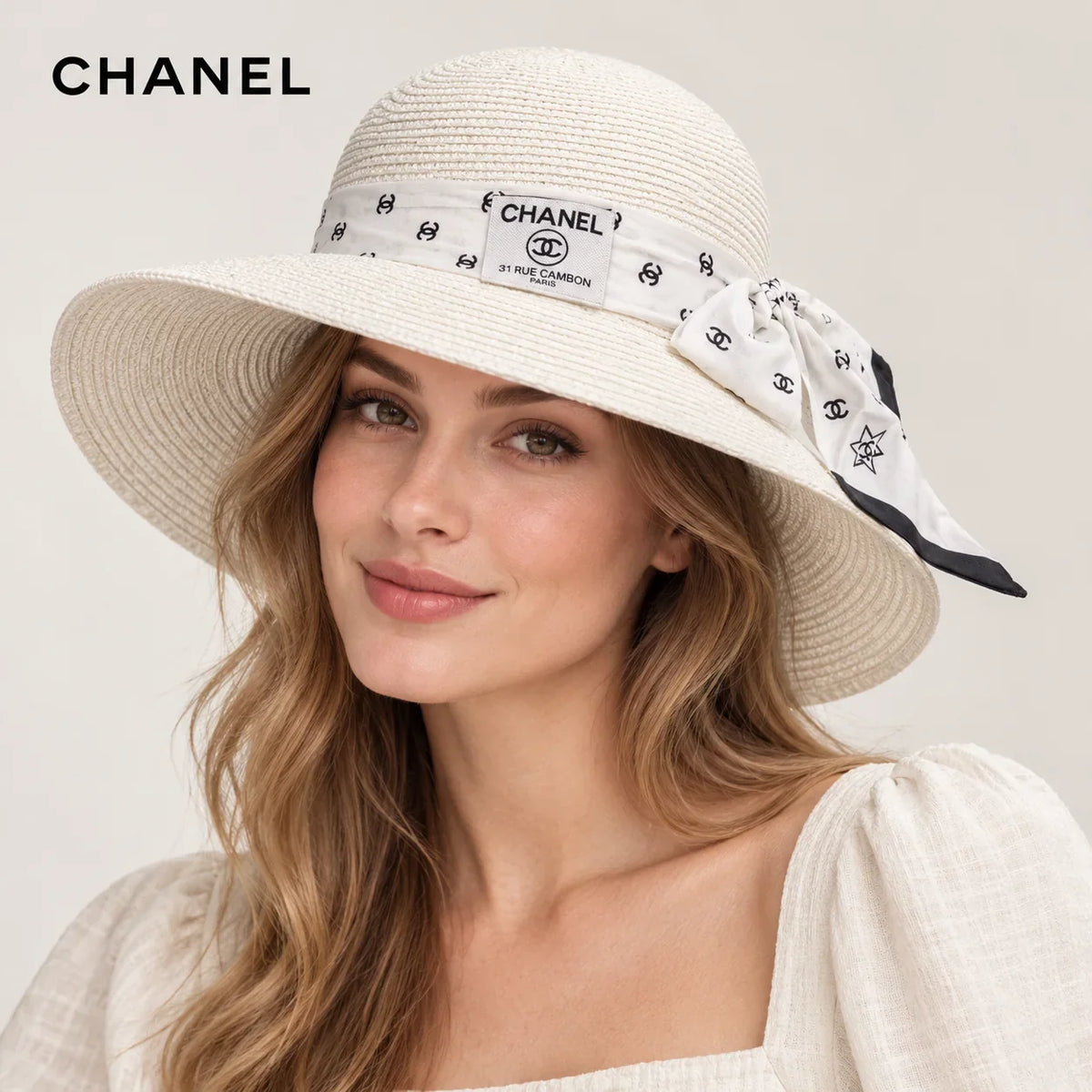 Chanel hat worn by a female model, showing the hat shape and detailing.