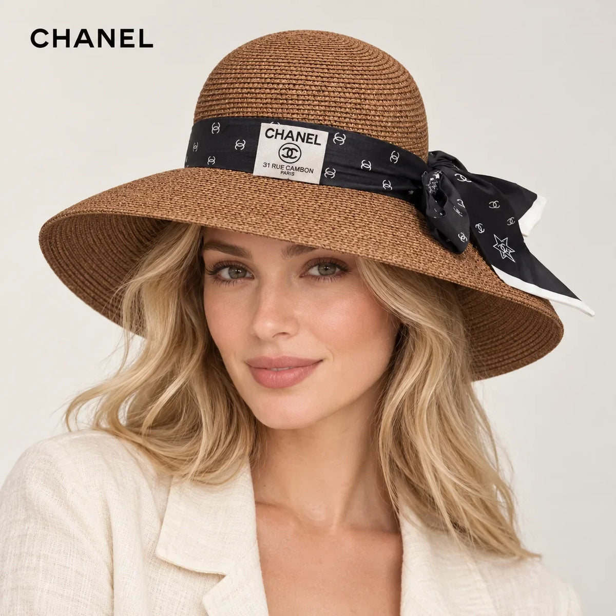 Chanel hat worn by a female model, showing the hat shape and detailing.