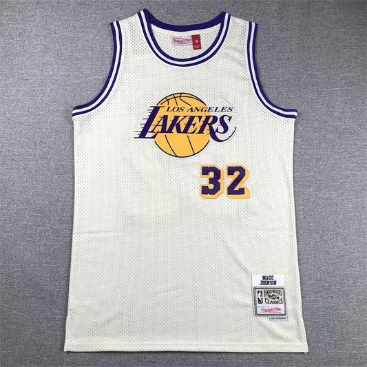 Men's Los Angeles Lakers Magic Johnson #32 Cream Hardwood Classics Swingman Jerseys