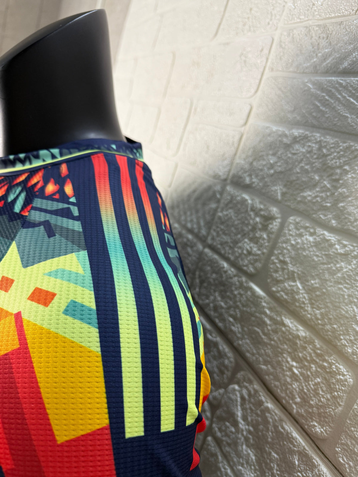 2025/26 Club América Training Player Version Jersey - Dark Navy Blue Body Multicolour Aztec Zigzag Graphic Upper Chest  - Gold Three Stripes - Club América Crest - Caliente Principal Sponsor