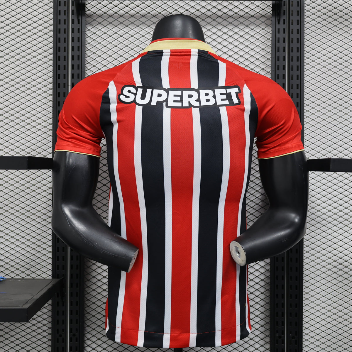 2025/26 São Paulo FC Away Player Version Jersey - New Balance - Red Black White Vertical Thin Stripe - Gold V-Neck Collar - SUPERBET White Sponsor