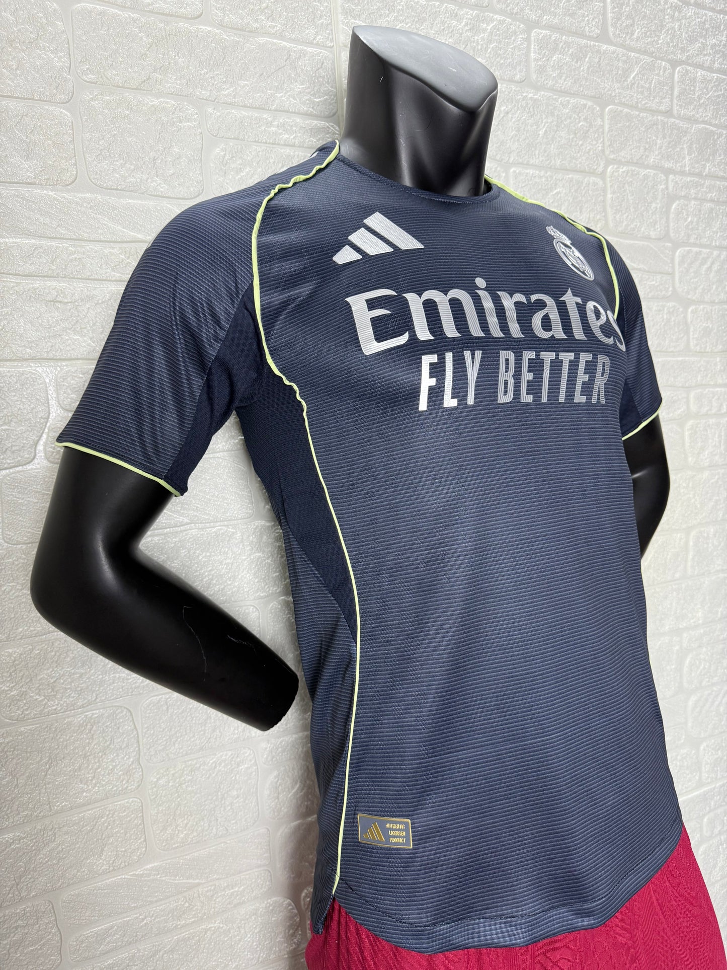 2025/26 Real Madrid Away Player Version Jersey - Dark Navy Blue Tonal Horizontal Stripe - Neon Yellow Green Piping - Emirates Fly Better
