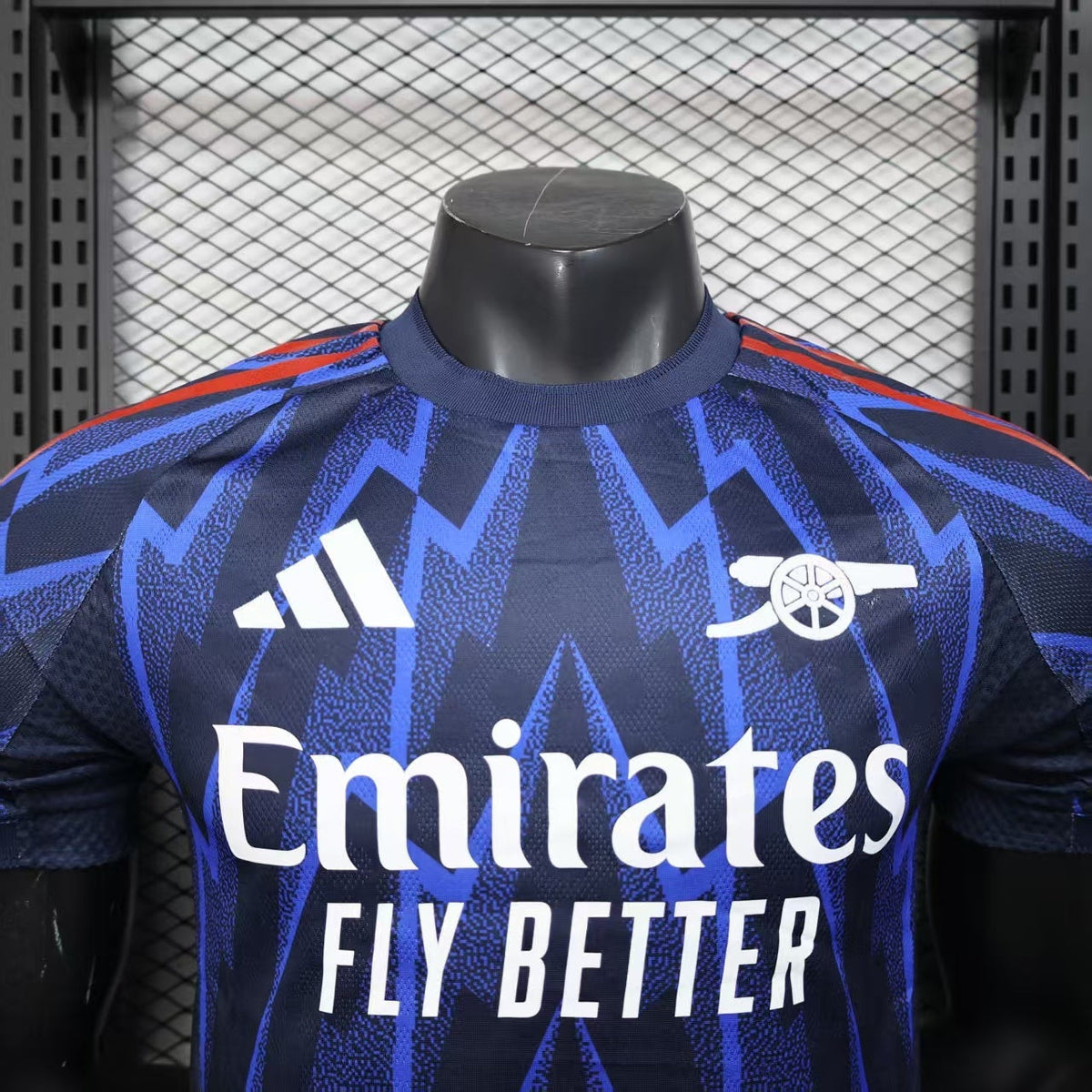 2025/26 Arsenal Away Player Version Jersey - Dark Navy Blue Body All-Over Blue Lightning Bolt Zigzag Graphic Red Sleeve Cuff Trim - White Three Stripes - Arsenal Cannon Crest - Emirates Fly Better - Men's