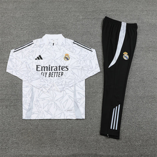 Real Madrid 2024/25 White Geometric Crystal Pattern Adidas Training Tracksuit – Quarter-Zip Top & Black Tapered Pants | Emirates La Liga Training Suit