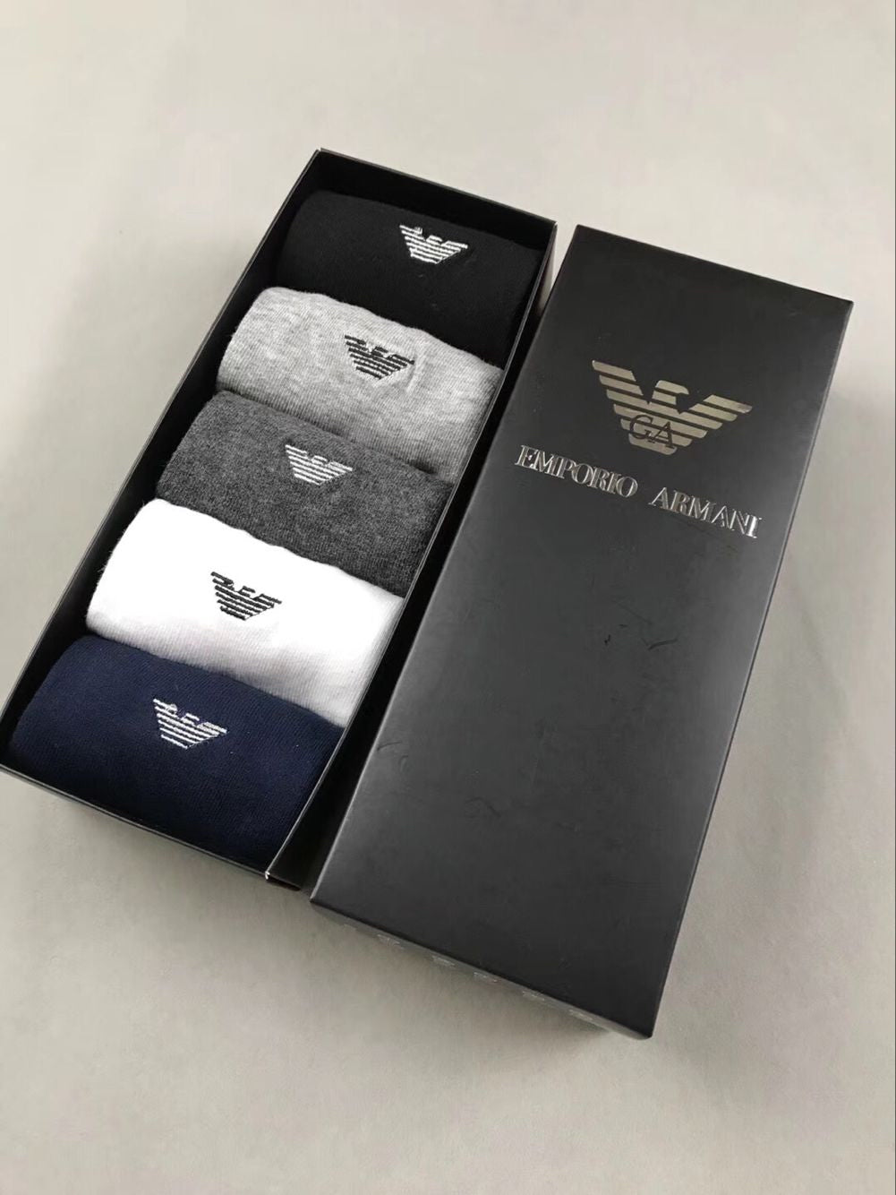Emporio Armani Black White Navy Letter Edge No-Show Socks, image 3