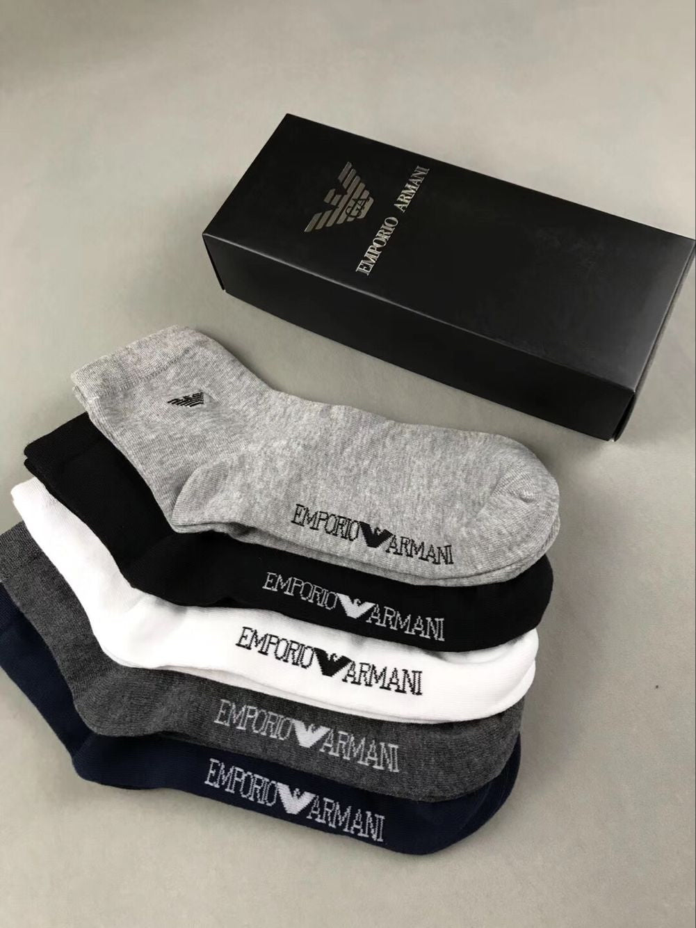 Emporio Armani Black White Navy Letter Edge No-Show Socks, image 4