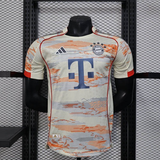 2025/26 Bayern Munich Away Player Version Jersey -  Body Orange Grey Horizontal Brush Stroke Graphic  - Red Side Seam Piping Red Sleeve Cuffs Black Shoulder Stripes - FC Bayern Crest - Deutsche Telekom T Logo